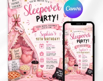 Plantilla de invitación para fiesta de pijamas de cumpleaños, invitación editable para fiesta de pijamas de niñas en Canva, invitación para fiesta de pijamas rosa