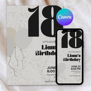 18th Birthday Invitation, Modern Birthday Invitation Template, Black And Gray Editable Invite, Minimalist Design, Digital Download, Canva