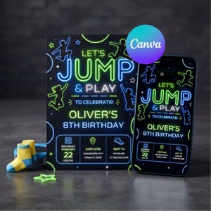 May include: A black birthday invitation card and a smartphone screen displaying the same design. The neon-style text reads Let's Jump & Play to Celebrate! Oliver's 8th Birthday, with event details for Saturday, February 22, at Jump Zone, Miami, FL.