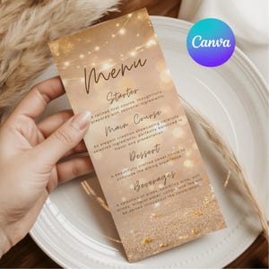 Può includere: Un menu rettangolare verticale con sfondo dorato, effetti di luce bokeh e luci a stringa. Il testo include le intestazioni Menu, Starter, Main Course, Dessert e Beverages, con testo descrittivo segnaposto sotto ciascuna sezione.