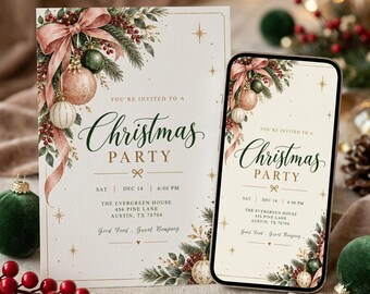 Invitación para fiesta de Navidad, Invitación navideña, Invitación navideña con lazo rosa, Plantilla digital editable, Invitación imprimible para fiesta de Navidad