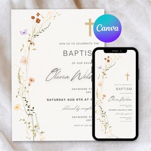 Op de afbeelding: Doopsel uitnodiging met bloemaccenten en de naam "Olivia Wilson". Een gouden kruis en het Canva-logo zijn zichtbaar. De uitnodiging wordt gepresenteerd op een witte achtergrond, met een vergelijkbaar ontwerp op een smartphone.