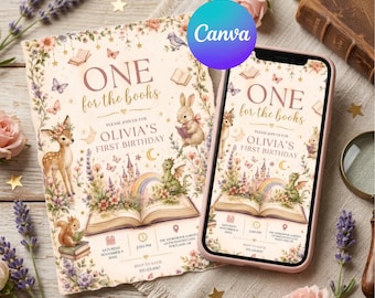 Plantilla de invitación de cumpleaños "One for the Books", invitación de cumpleaños de cuento de hadas, primer cumpleaños de cuento de hadas, invitación editable en Canva, móvil