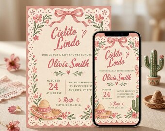 Invitación para baby shower Cielito Lindo, Invitación Cielito Lindo, Baby shower con lazo rosa, Invitación para niña, Mexicana, Plantilla digital