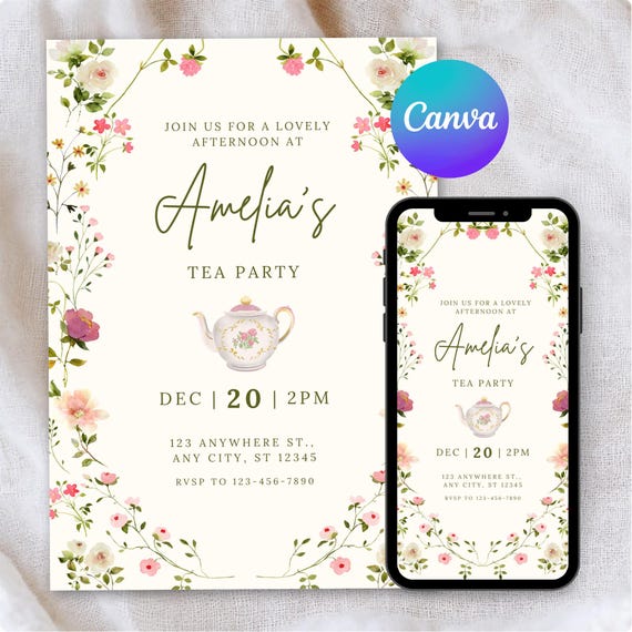 Tea Party Invitation Template, Elegant Printable Invite, Floral Tea Party, Digital Download, Editable Tea Party Invitation, 5x7 A6 Mobile