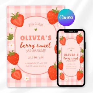 Strawberry Invitation Template, Editable Strawberry Birthday Invitation Template, Berry Sweet Party Invite, Pink Gingham Digital Download