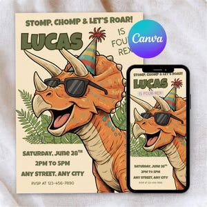 Op de afbeelding: Een verjaardagsuitnodiging met een cartoon triceratops met een zonnebril en een feesthoed. De uitnodiging bevat de naam "LUCAS", de zin "IS FOUR-REX!" en evenementdetails: Zaterdag 28 juni, 14:00 tot 17:00 uur.