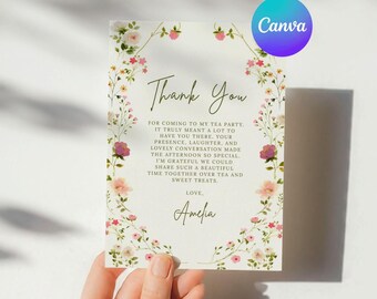 Plantilla de tarjeta de agradecimiento para fiesta de té, tarjeta de agradecimiento floral para fiesta de té, plantilla editable de Canva, descarga digital.