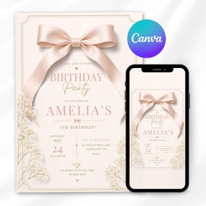Op de afbeelding: Een verjaardagsuitnodiging met een zachtroze strik- en lintontwerp. De uitnodiging bevat de tekst "Birthday Party" en "Amelia's 7th Birthday!" Een smartphone toont dezelfde uitnodiging. Het Canva-logo is zichtbaar.