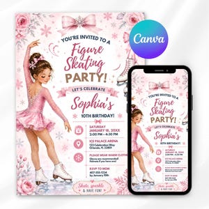 Op de afbeelding: Een roze uitnodiging voor een kunstschaats-verjaardagsfeestje met een schaatser in een roze jurk, witte schaatsen en sneeuwvlokken. De tekst bevat: You're invited to a figure skating party, Sophia's 10th birthday, Saturday January 18, 20XX, 2:00 PM-4:30 PM, Ice Palace Arena, 123 Celebration Way, Orlando, FL 33801, please wear warm clothes, gloves are recommended, helmets if you have one, RSVP to Mom 407-555-1234 by January 10th, skate, sparkle & have fun.