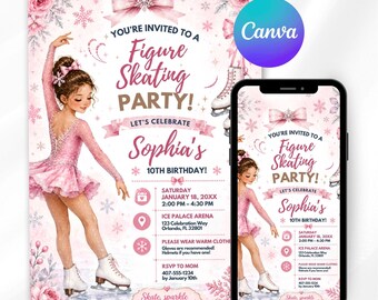 Plantilla de invitación de cumpleaños de patinaje artístico, invitación editable para fiesta de patinaje sobre hielo en Canva, cumpleaños de patinaje artístico para niñas