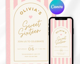 Plantilla de invitación para fiesta de quinceañera, plantilla de invitación de cumpleaños rosa para quinceañera, chica, tarjeta de invitación de fiesta a rayas editable, descarga digital
