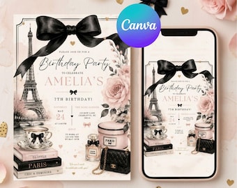 Parisian Birthday Invitation Template, Coquette Bow Party Invite, Editable Canva Girls Birthday Invitation Chic Paris, Digital Download