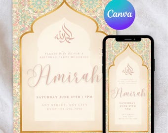Muslim Invitation, Elegant Islamic Invitation Template, Editable Arabic Calligraphy Card, Printable Muslim Party Invitation, 5x7 A6 Mobile