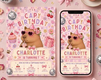 Invitación de cumpleaños de capibara, invitación para fiesta de capibara, invitación divertida retro de cumpleaños de animales, invitación digital