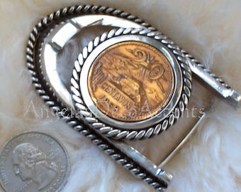 Vintage Steel Buckle 1969 Centavo Horseshoe Bullet Shape Buckle Hand Crafted-Hand Welded-Polished Braided Stainless Copper Western Buckle