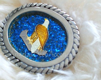 Vintage Eagle Buckle Oval Metal Belt Accessory Hand welded Braided Steel Polished Stainless Blue National Bird Emblem, Men Sparkly Bling Dad