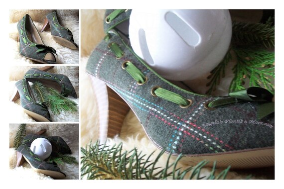 Vintage Steve Madden Peep Toe 3" Heel Pumps Green Bow and Plaid Tweed Ninna Size 7 M, Women's Office Footwear, Wood Heels, Very Little Wear