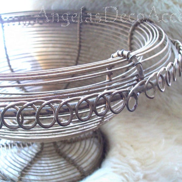 Vintage Metal Basket Gold Brass Color Silver Tone Wire~Old Heavy Pedestal Compote~Round Rim Buffet~Scroll Base Some Wear~Customize 4 Floral