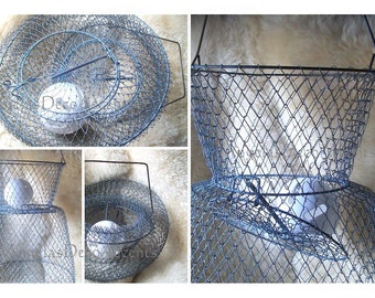 Vintage Metal Basket Wire Mesh Minnow Basket Collapsing Hanging Storage-Re Purposed Lighting Decor Slight Wear Nice Patina-Fishing Gear