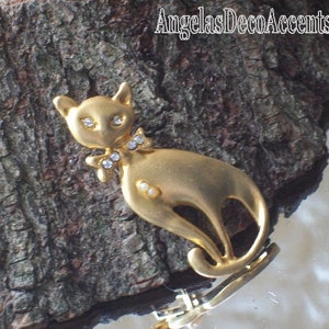 Vintage Cat Pin Pet Whimsy Sleek BroochFigural Mod JewelryVintage FelineCostume JewelryMatte Gold ToneCrystal Like Eyes and Bow Tie Pin image 4
