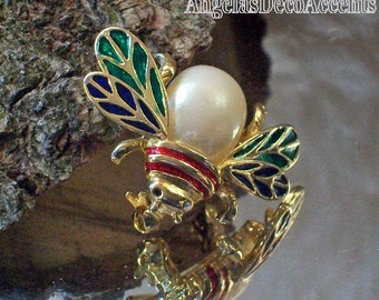 Vintage Insect Pin Multi Enamel Jelly Belly Brooch~Costume Jewelry~Winged Bug~Pearl Like Gold Tone~Navy Red Green~Missing 1 Crystal Eye~Good