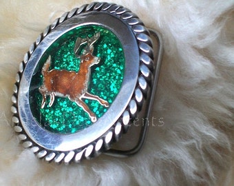 Vintage Deer Buckle Round Steel Belt Adornment, Green Antler Buck Emblem, Hand welded Braided Polished Stainless, Men Sparkly Bling, Father