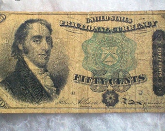 Antique 1869 to 1875 Fifty 50 Cent Fractional Currency Post Civil War Bill Note John Allison Signature 1801 Treasury Date AC AR 4~Collector