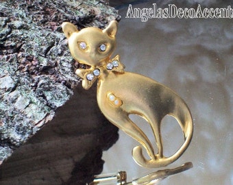 Vintage Cat Pin Pet Whimsy Sleek Brooch~Figural Mod Jewelry~Vintage Feline~Costume Jewelry~Matte Gold Tone~Crystal Like Eyes and Bow Tie Pin