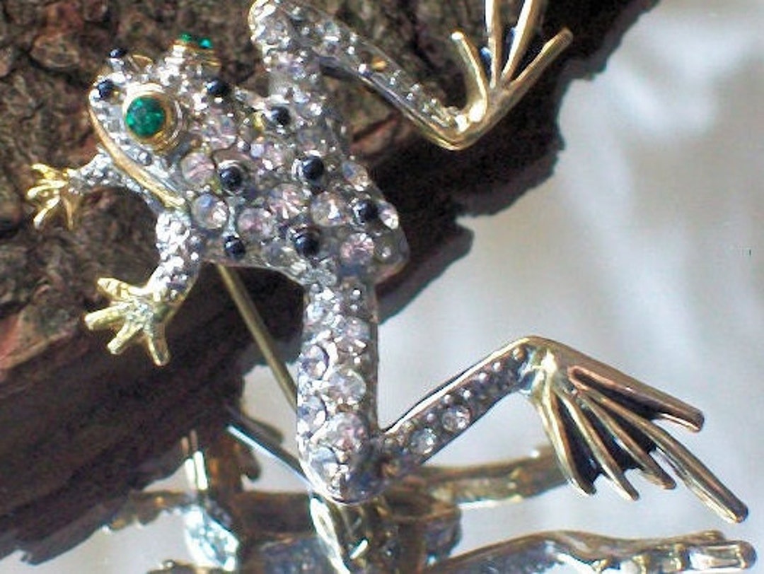 Vintage Frog Pin Pave & Gold Tone Silver Color Crystals Black Etsy