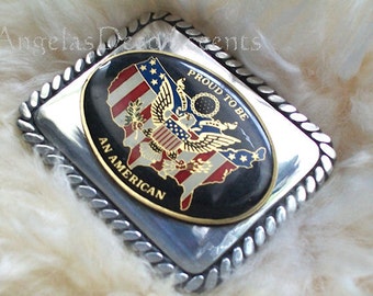 REDUCED Vintage Belt Buckle Proud to be an America Stainless Steel Square~Everyday Casual Wear~Stainless Buckle~Braided Steel~Polished Steel