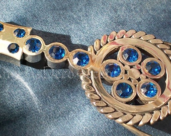 Vintage Banjo Buckle 1970 Unisex NOS Handmade Welded Blue Rhinestones-Polished Stainless Steel Banjo Shape Belt Buckle Bling- Father's Day