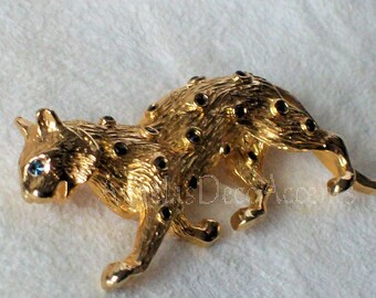 Vintage Leopard Pin Blue Eye Cougar~Gold Color Costume Jewelry Black Accents Gem Glass or Enamel~Fashion Jewelry~Vintage Jewelry~Casual Wear