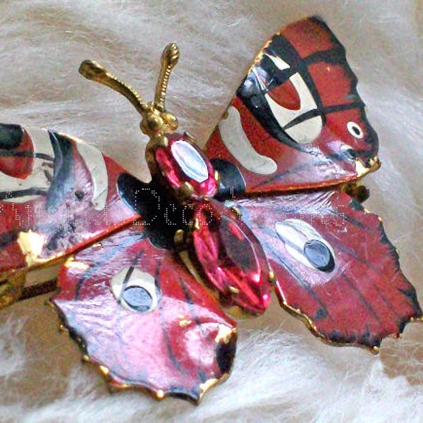 Vintage Butterfly Pin Czechoslovakian-Brooch Pink Premium Vintage Crystal Cranberry Black Enamel Painted Costume Jewelry Some Enamel Wear