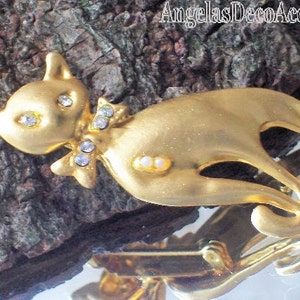 Vintage Cat Pin Pet Whimsy Sleek BroochFigural Mod JewelryVintage FelineCostume JewelryMatte Gold ToneCrystal Like Eyes and Bow Tie Pin image 3