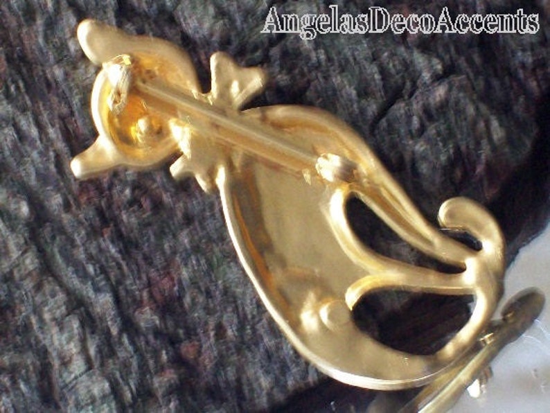 Vintage Cat Pin Pet Whimsy Sleek BroochFigural Mod JewelryVintage FelineCostume JewelryMatte Gold ToneCrystal Like Eyes and Bow Tie Pin image 5