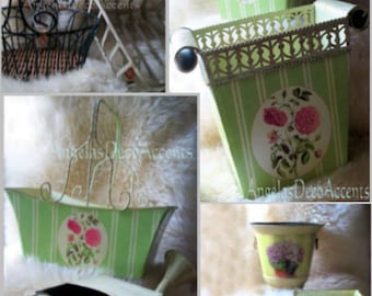 Cottage Chic Supplies, Shabby Gift Containers,Starting at 12 USD, Lime Pink, Floral Print Tins, Custom Arrangement, Gift Metal Baskets, #MS2