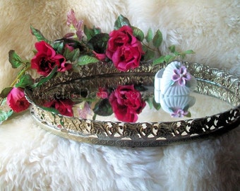Vintage Oval Vanity Tray Mirror & Gold Tone Metal Filigree Leaf n Floral Pattern Motif~Dresser Boudoir Mirrored Tray Accent~Good Condition