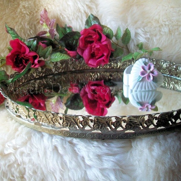 Vintage Oval Vanity Tray Mirror & Gold Tone Metal Filigree Leaf n Floral Pattern Motif~Dresser Boudoir Mirrored Tray Accent~Good Condition