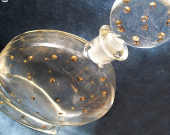 Vintage Glass Decanter, Antique Art Deco, Early to Mid Century, Boho Retro, Flat Round Bottle, All Glass Stopper, Raised Gold Dots, Twinkly