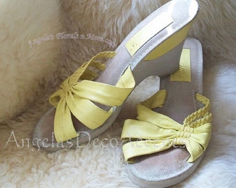 Vintage Candie's Sandals 1970's Mellow Yellow Leather Made in Brazil Size 7M Gently Worn-Great Condition Disco Era Womens Wedge Sandals 162