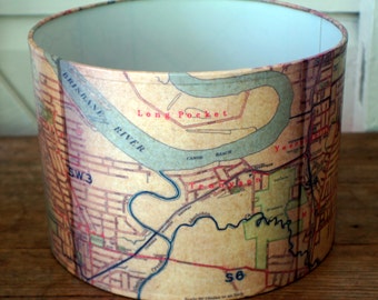 Unique lamp shade inspired by a vintage 1943  map of the Brisbane suburbs