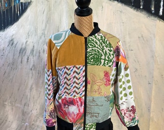 Bomber jacket made from a colourful collection of patterned linen