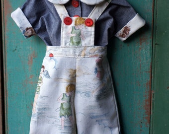 Dolls overalls in lovely vintage style seaside fabric with matching retro shirt to suit 16 and 18 ins dolls