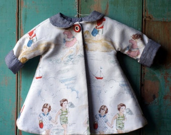 Dolls swing coat in vintage inspired seaside fabric with striped lining for 16 and 18 ins dolls