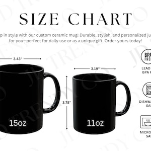 ブラック コーヒー マグ モックアップ、コーヒー カップ サイズ表、Printify ブラック マグ、即時ダウンロード、空白マグ モックアップ、ブラック セラミック マグ サイズ ガイド