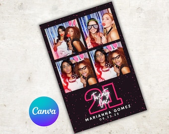 Black and Pink Photo Booth Template, 21st Birthday Photo Template for Photo Booth Business, Canva Digital Template, 2x6 Photo Strip,Editable