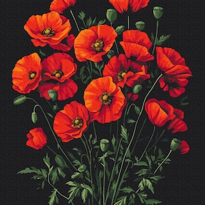 Puede incluir: Una pintura vibrante de un ramo de amapolas rojas sobre un fondo negro. Las amapolas tienen pétalos de color rojo anaranjado brillante con centros amarillos. Las hojas y los tallos verdes completan el arreglo floral.