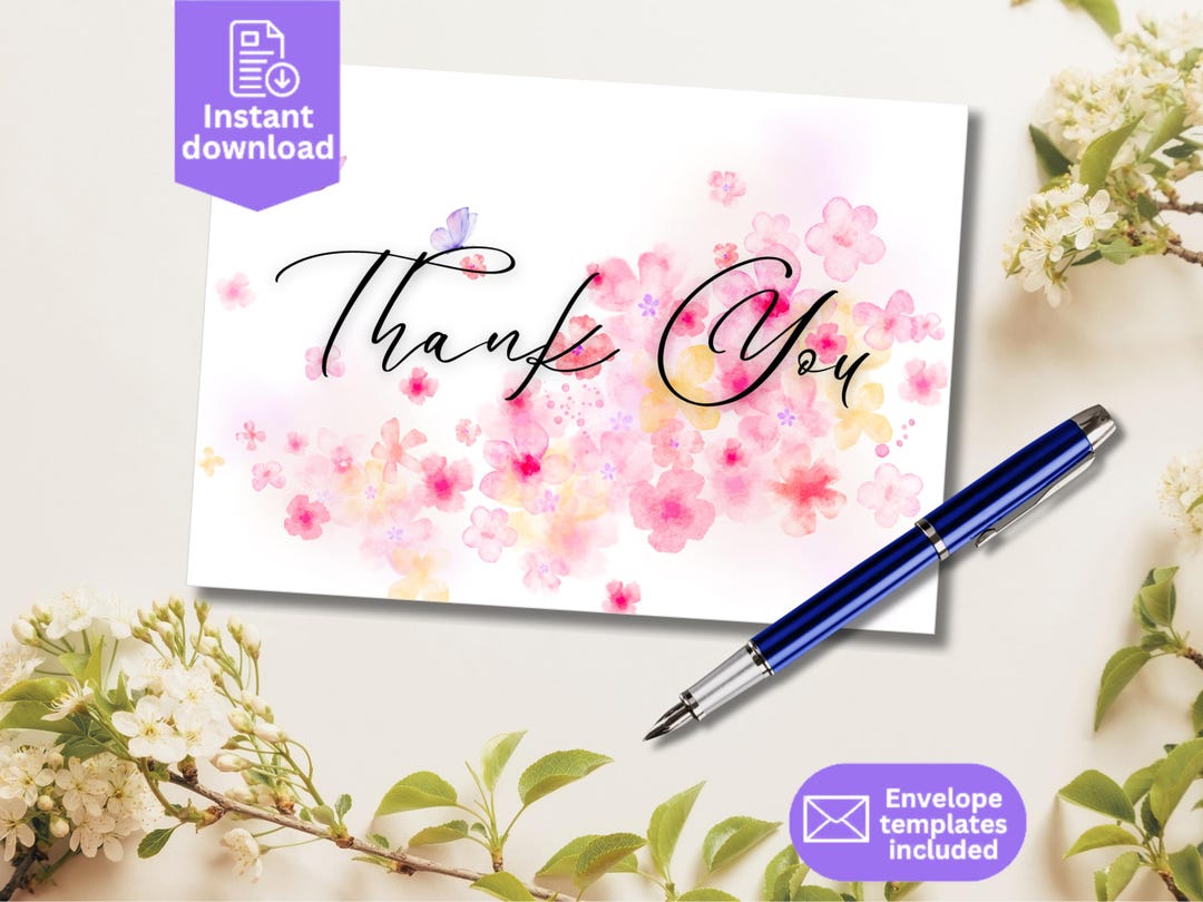 Printable Thank You Card | Watercolor Flower Card | Bridal Shower Thank ...