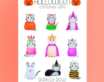 Pegatinas de gatos disfrazados para Halloween / Pegatinas para agenda, diario, álbum de recortes, pegatinas dibujadas a mano